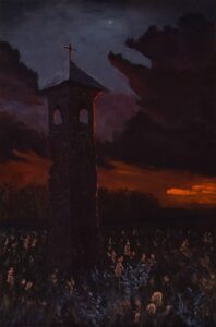 Dark church bell tower beneath gathering storm clouds and an orange sunset, original atmospheric oil painting by Andrea Bocedi