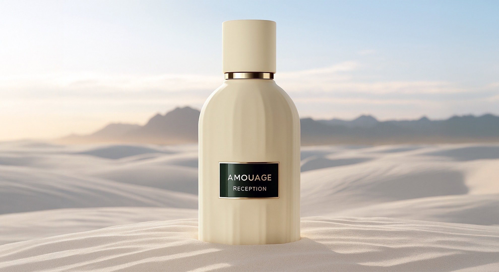 Amouage Reception fragrance inspired by coffee, lemon, pine, pink pepper, frankincense, patchouli, cedarwood, vanilla, cypriol, and musk, evoking the warmth and depth of connection