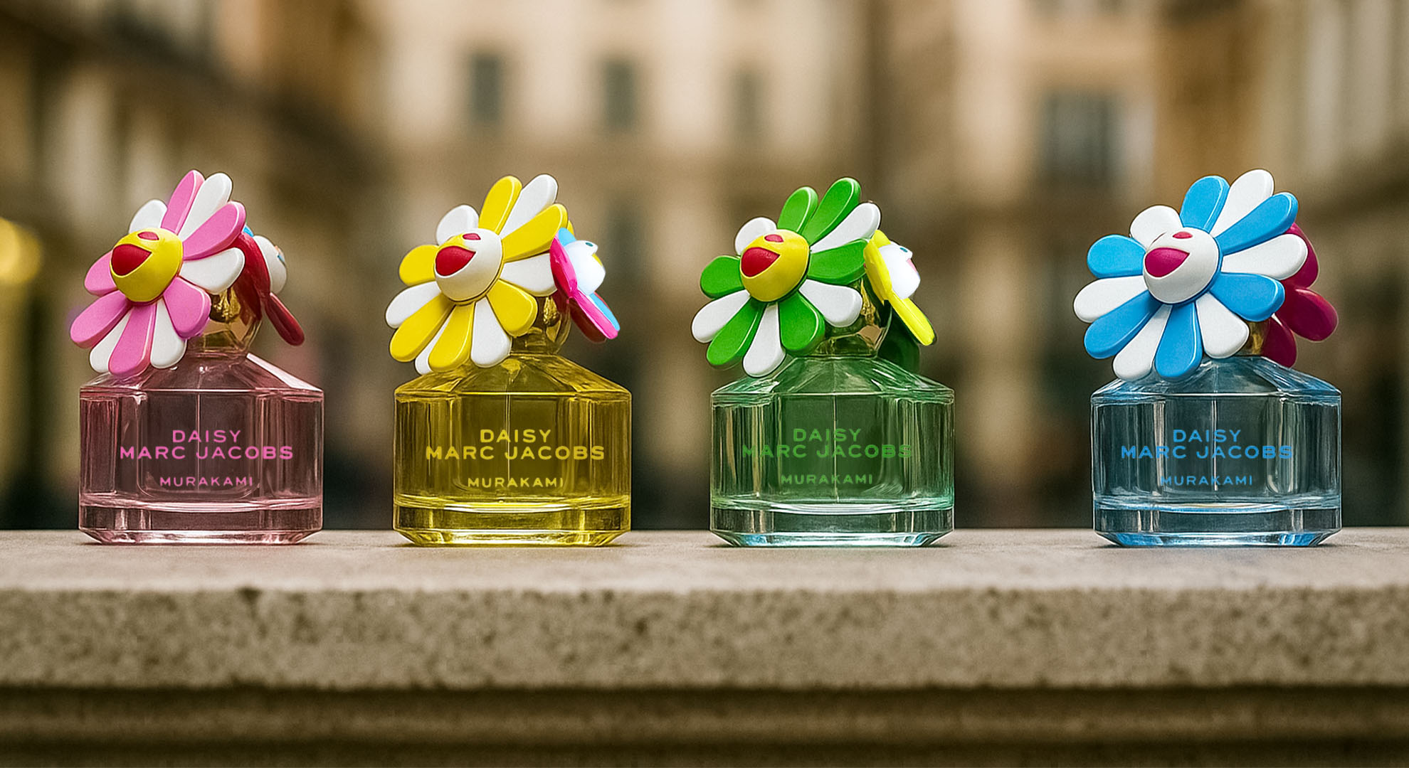 Marc Jacobs Daisy Murakami Collection - limited-edition Eau de Parfums in Blue, Pink, Green, and Yellow designed with Takashi Murakami’s iconic floral art