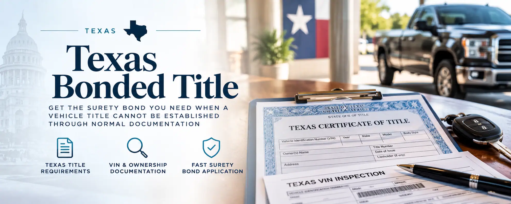 Texas certificate of title and bonded title surety bond paperwork