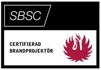 Certified brandmadprojektör logo with fire symbol and SBSC certification.