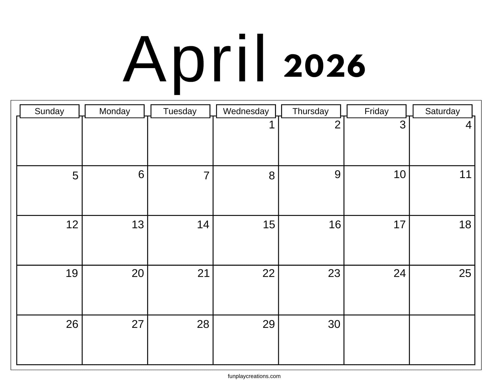 April 2026 calendar with no graphics
