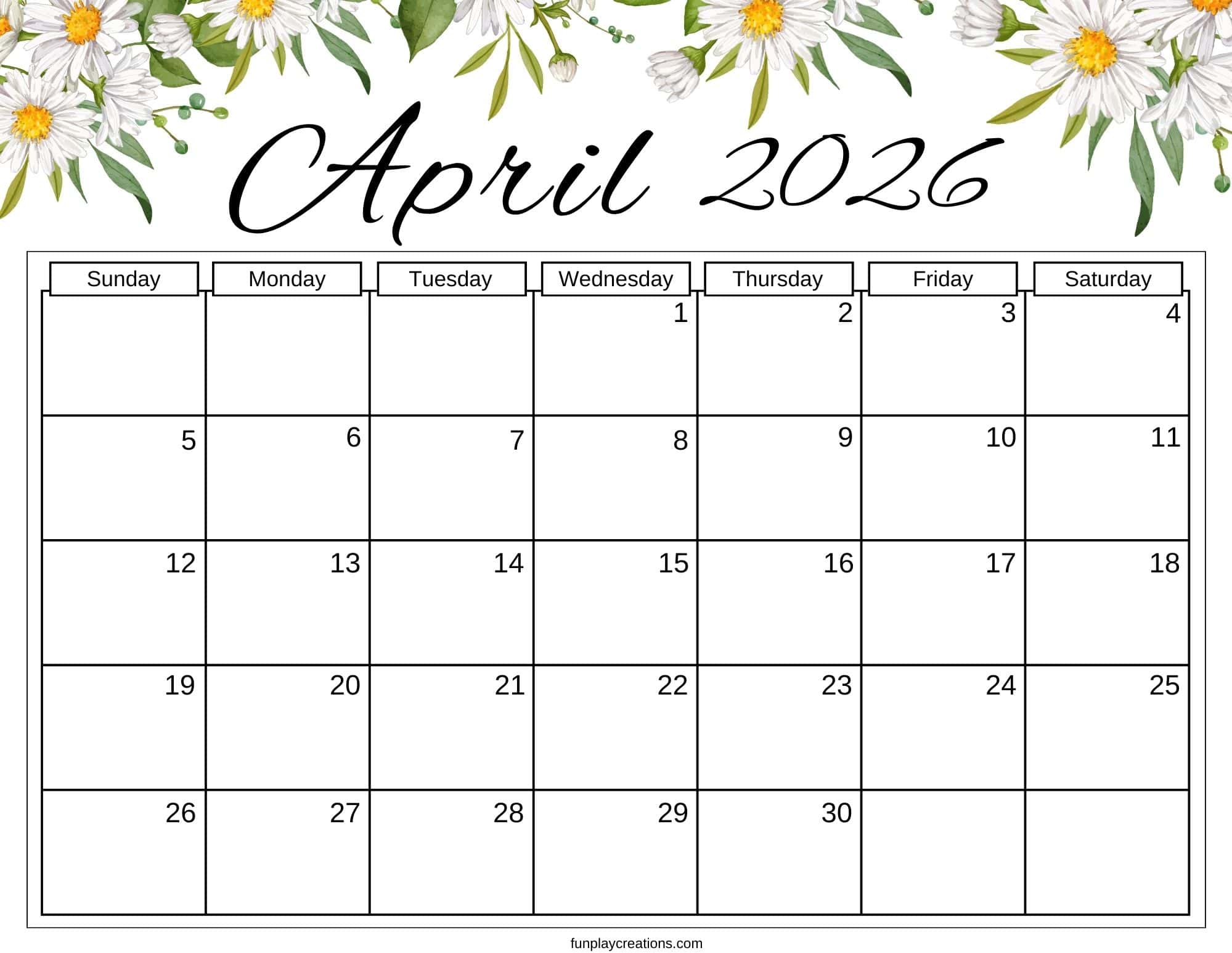 April 2026 calendar with floral border