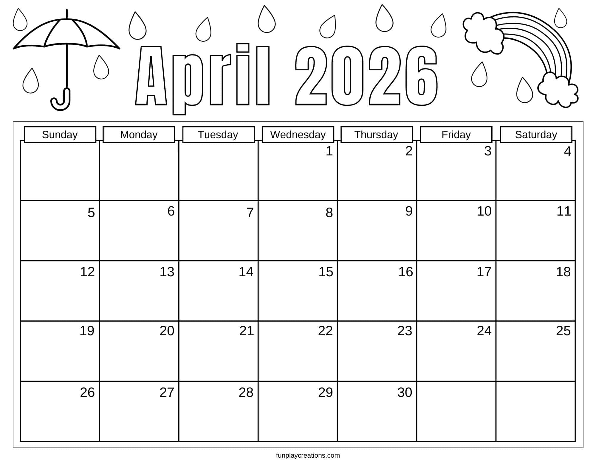 April 2026 calendar with rainbow and umbrella graphics