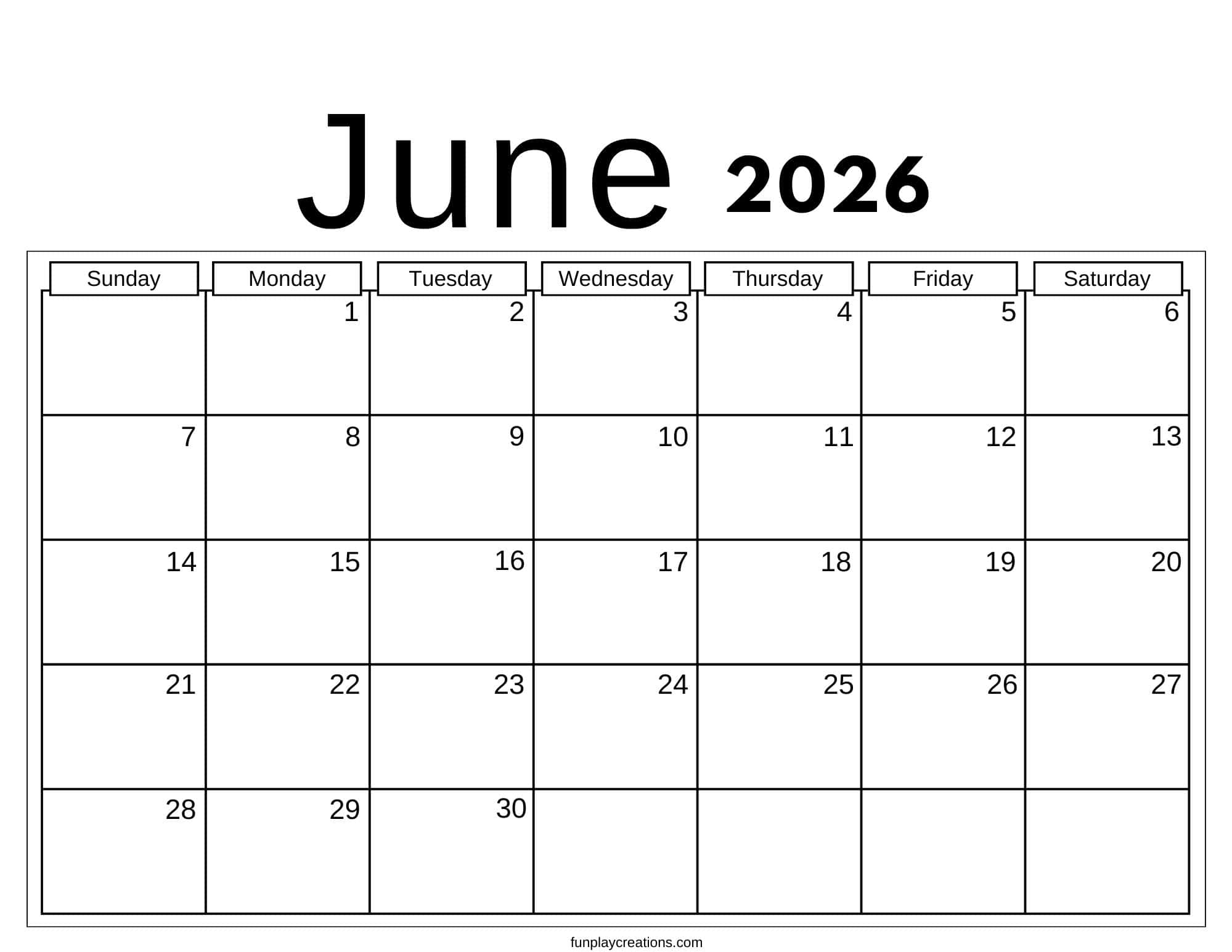 June 2026 calendar with no graphics