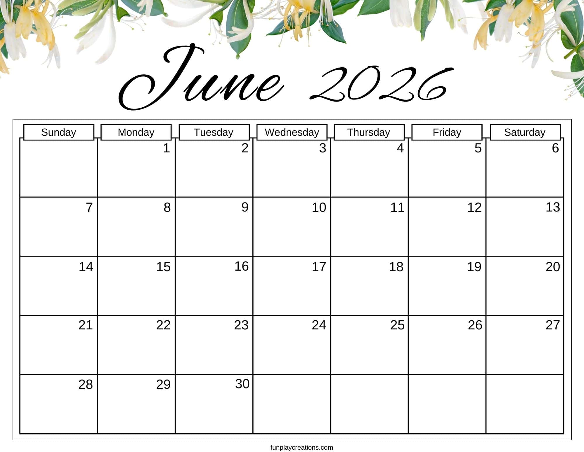 June 2026 calendar with floral graphics