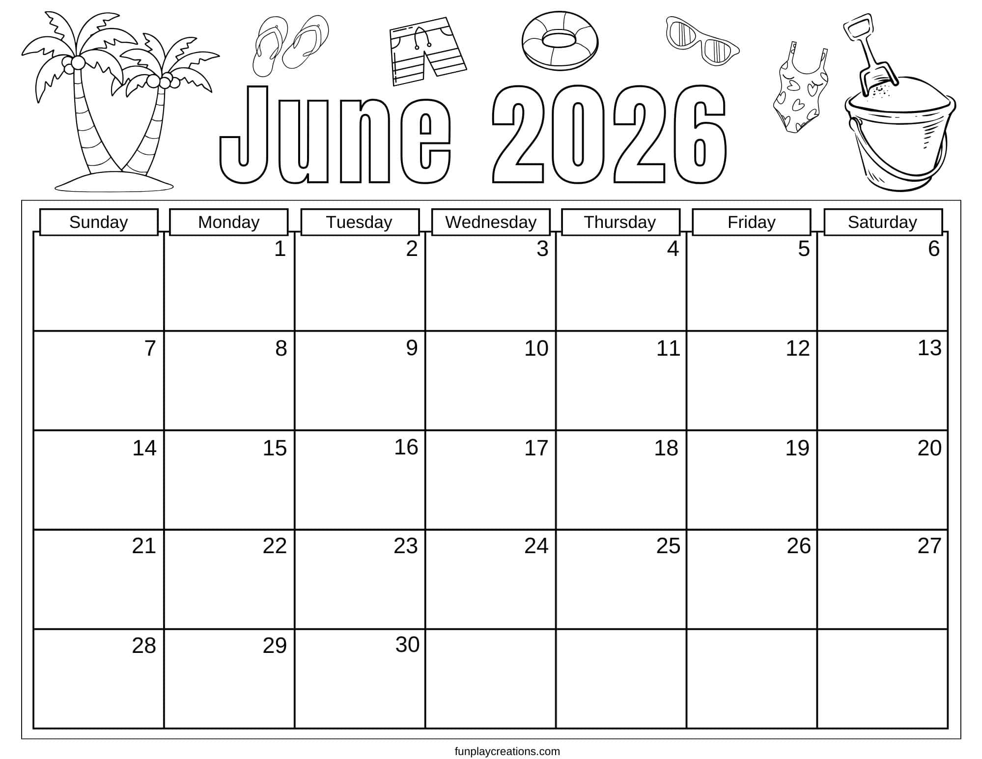 June 2026 calendar with beach graphics