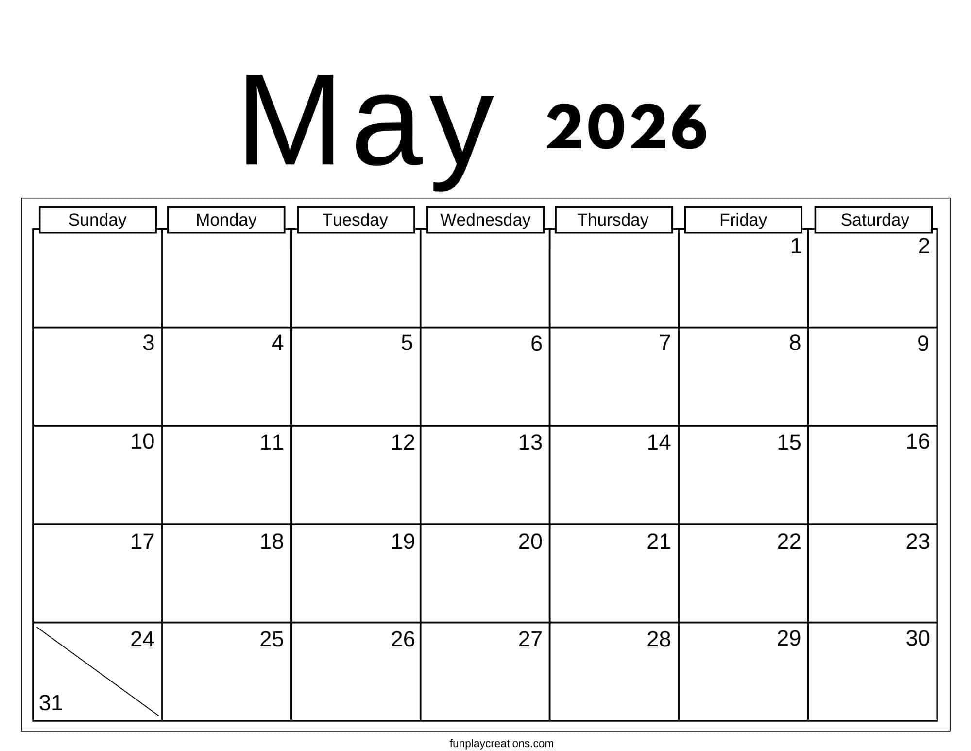May 2026 calendar with no graphics