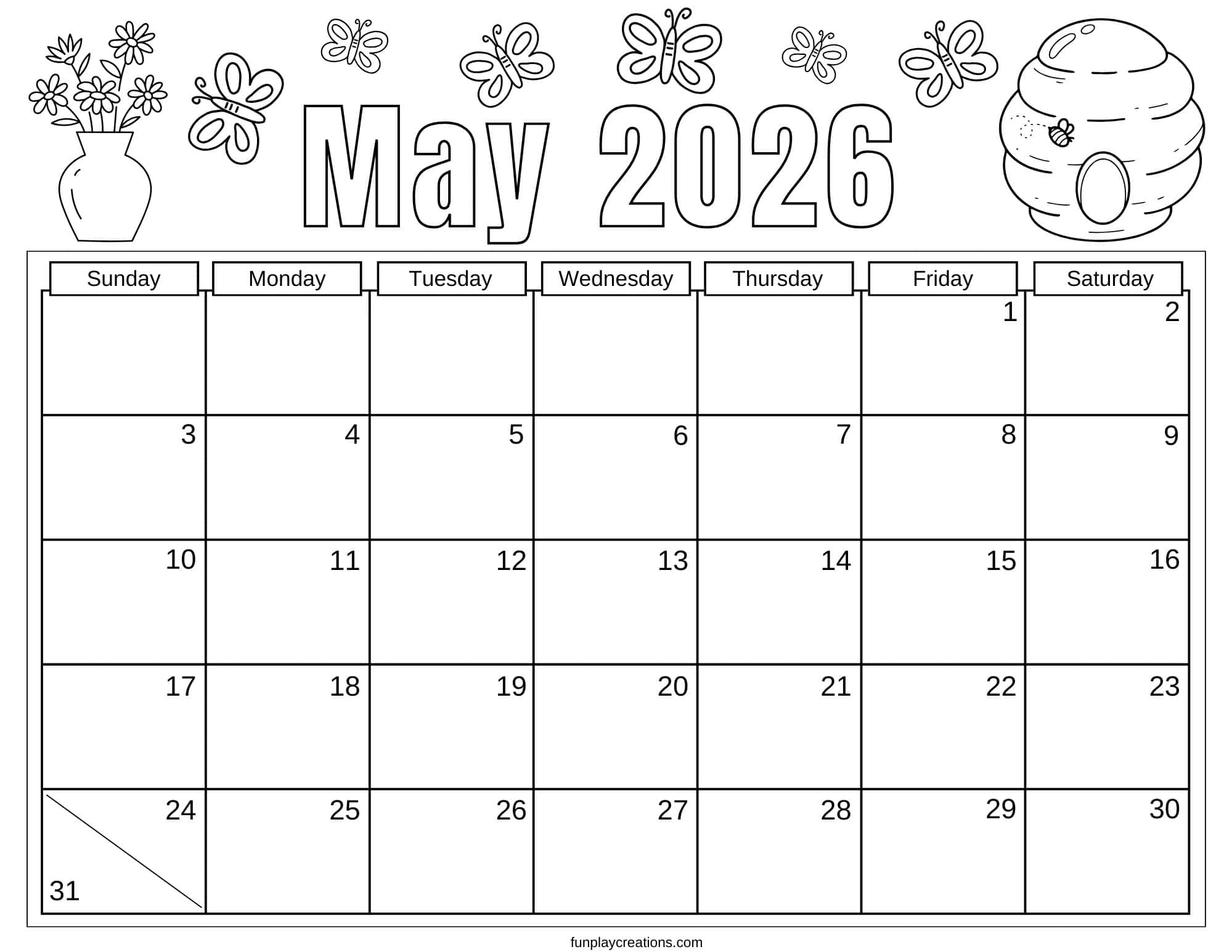 May 2026 calendar with floral and insect graphics