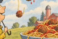 Spaghetti dinner in Joplin at Martin Luther School: illustrated boy with an umbrella beside a big bowl of spaghetti