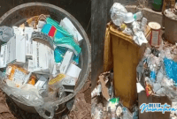 Terlihat limbah medis menumpuk dan berserakan dibiarkan begitu saja di tempat pembuangan sampah di Pukesmas Kertacila. 
