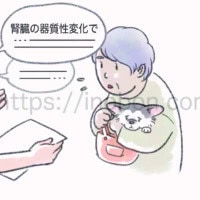 獣医師が説明しているが、小型犬を抱くお婆さんは理科できずにいる様子、それに気づいた看護師が二人を見ている