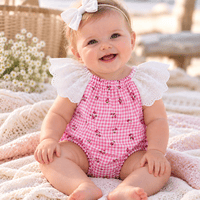 Pink Check Berries and Lace Ruffle Sleeve Seaside Romper