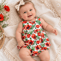 Baby Girl wearing the size 0 Red Poppy Tea Party Romper