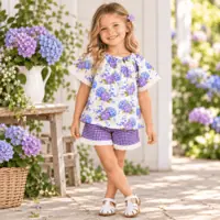 Girl wearing SIZE 4 Hydrangea Floral Blouse & Purple Gingham Lace Shorts Set