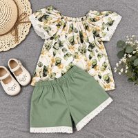 Size 1 girls eucalyptus floral flutter sleeve top and sage green lace trim shorts set handmade in Australia