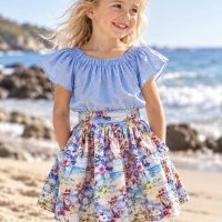 model wearing Australian Native Animals Floral Skirt – Sizes 4 & 5