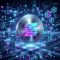 Metallic Solana coin with neon logo amidst blockchain and cryptocurrency digital network