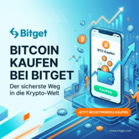 Advertisement for buying Bitcoin on Bitget platform with mobile app illustration