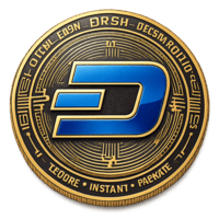 Close-up of a Dash cryptocurrency coin with blue logo and gold accents