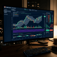 Monero XMR/USD trading chart with candlesticks, volume bars, and technical indicators on a computer monitor