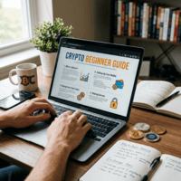 Laptop screen showing a crypto beginner guide with sections on Bitcoin, wallet setup, buying coins, and security