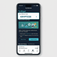 Bitget app showing referral code KRYPT030 and welcome bonus offers