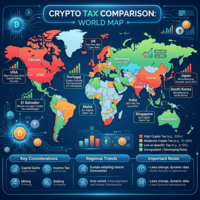 World map showing crypto tax rates, key countries labeled with tax details and color-coded by tax level.