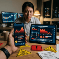 Mobile and tablet screens showing high-risk trading warnings and portfolio with 45% loss