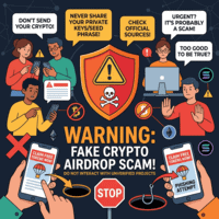 Warning about fake crypto airdrop scams with advice to not share private keys, check official sources, and avoid unverified projects.