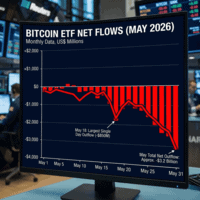 Graph depicting Bitcoin ETF net flows in US$ millions for May 2026, showing increasing outflows