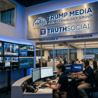 Control room and newsroom of Trump Media and Technology Group with staff managing broadcasts and computers