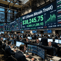 Traders working at multiple computer monitors with cryptocurrency market data on big screens