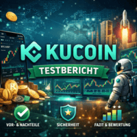 KuCoin logo with cryptocurrency charts, coins, astronaut, and rocket symbolizing trading and safety