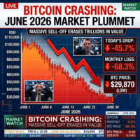 Graph showing Bitcoin price decline from $110,000 to $29,870 in June 2026 with 45.7% drop in one day and 68.3% monthly loss