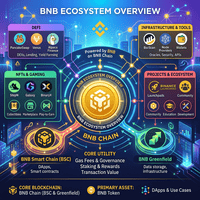 Diagram showing BNB ecosystem with BNB Smart Chain, BNB Greenfield, DeFi, NFTs & Gaming, Infrastructure & Tools, and Projects & Ecosystem