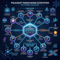 Diagram of Polkadot parachains ecosystem showing relay chain, parachains, bridges, and communication paths