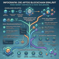 Infographic explaining Aptos blockchain features including Move smart contracts, high scalability, security, and developer benefits.