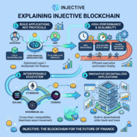 Illustration showing four key features of Injective blockchain including building applications, high-performance scalability, interoperable ecosystem, and innovative decentralized apps