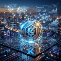 Digital visualization of a cryptocurrency coin labeled Krypto with blockchain network and market data charts