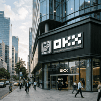 Modern office building with OKX cryptocurrency exchange sign and people walking on sidewalk