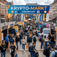 Crowd at Frankfurt Krypto-Markt event with cryptocurrency company booths