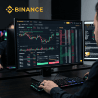 Computer screen showing Binance cryptocurrency trading interface with Bitcoin price charts and market data