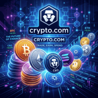 Crypto.com logo with Bitcoin, Ethereum, CRO, Solana, ADA, Dogecoin, and XRP coins and price changes