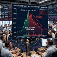 Crypto market index chart showing bull trap and collapse in July 2026 with traders reacting