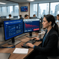 Woman at desk viewing stock data with CRCL Circle stock down 5% and Visa stablecoin platform charts