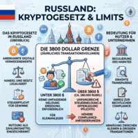 Diagram explaining Russia's cryptocurrency law, $3800 transaction limit, tax and compliance requirements