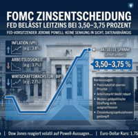 FOMC interest rate decision showing rate range 3.50 to 3.75 percent with inflation 3.8 percent, unemployment 3.7 percent, and economic growth 2.1 percent
