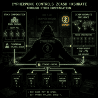 Infographic showing cypherpunk equity controlling Zcash mining and 32.7% network hashrate