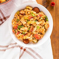 jambalaya with chicken, andouille sausage and hot sauce